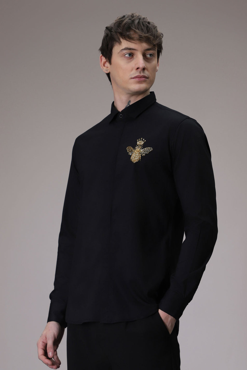 Queen Bee - hand embroidered designer shirt - Black