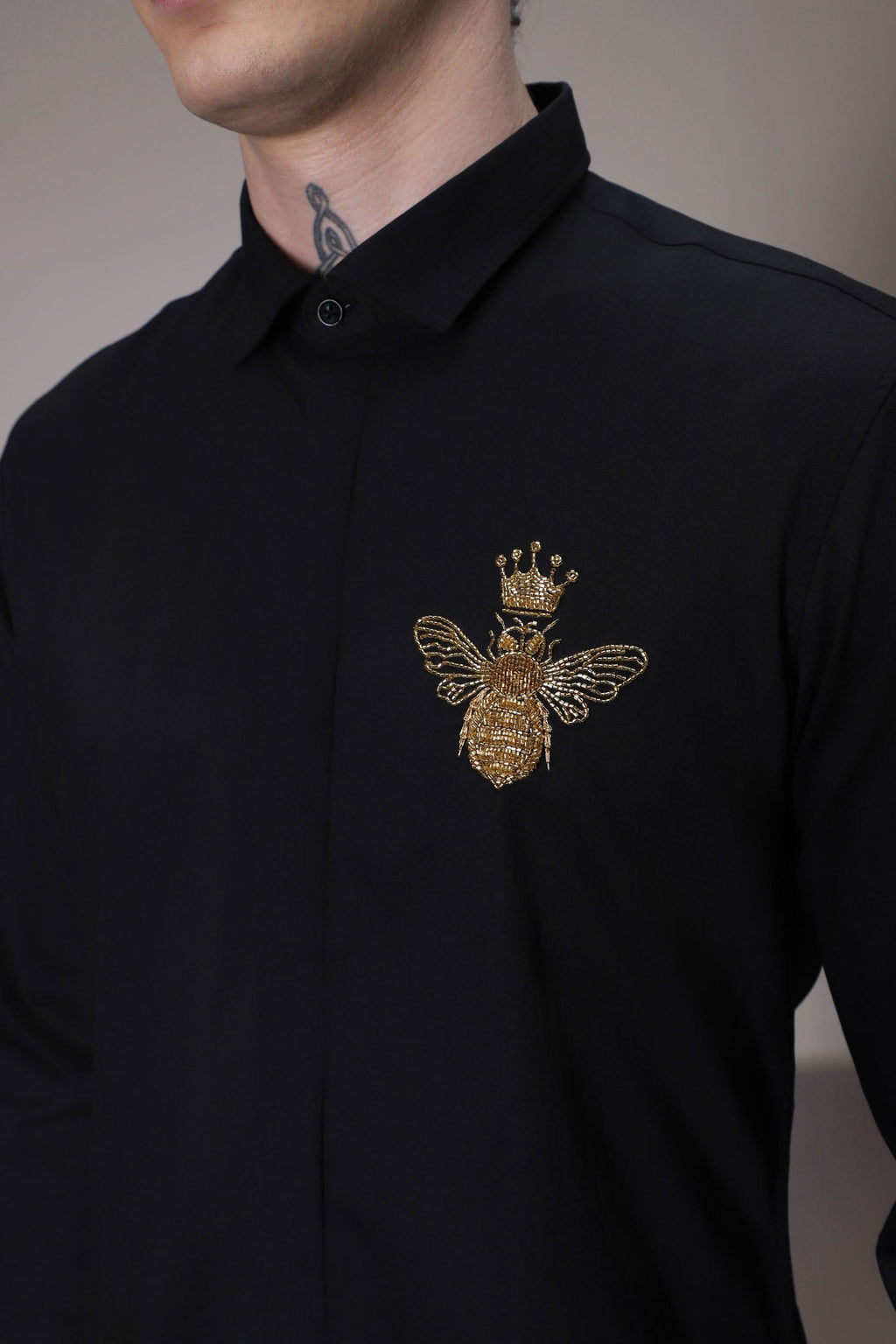 Queen Bee - hand embroidered designer shirt - Black