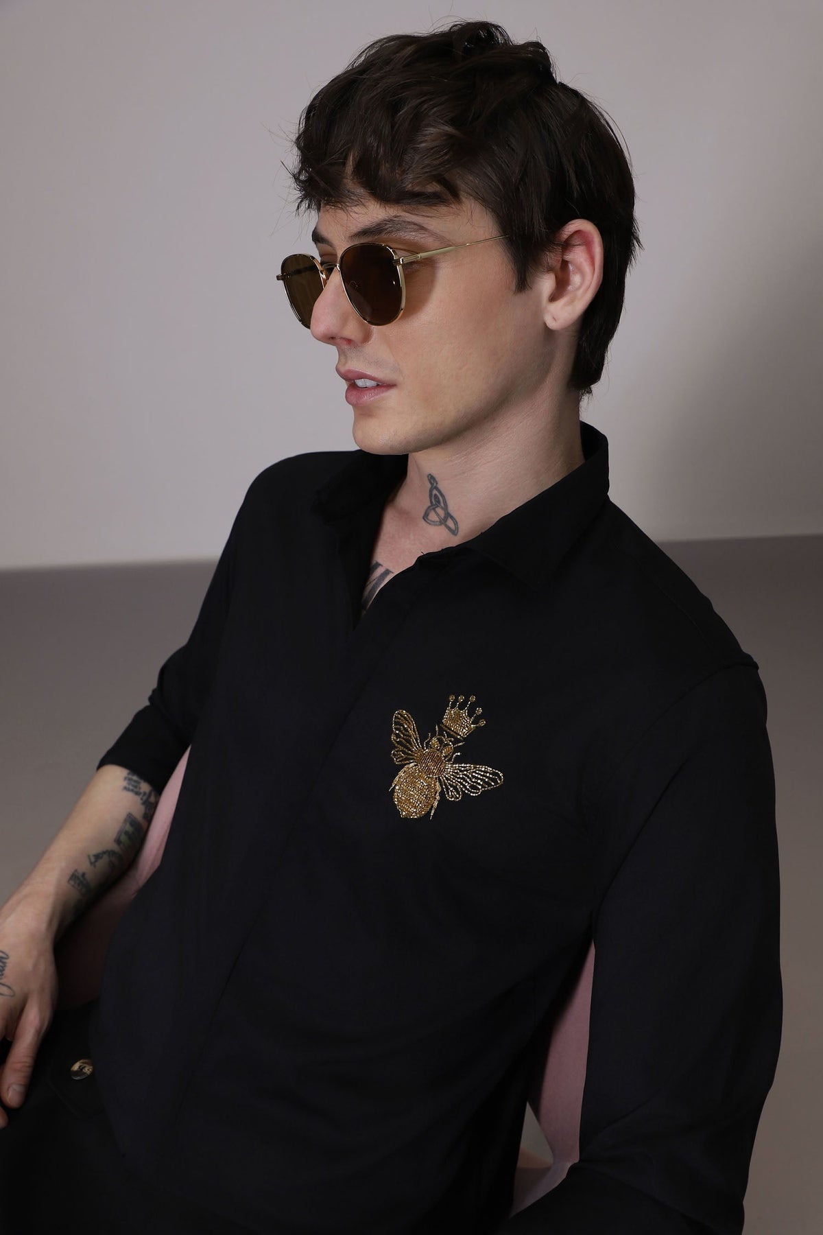 Queen Bee - hand embroidered designer shirt - Black