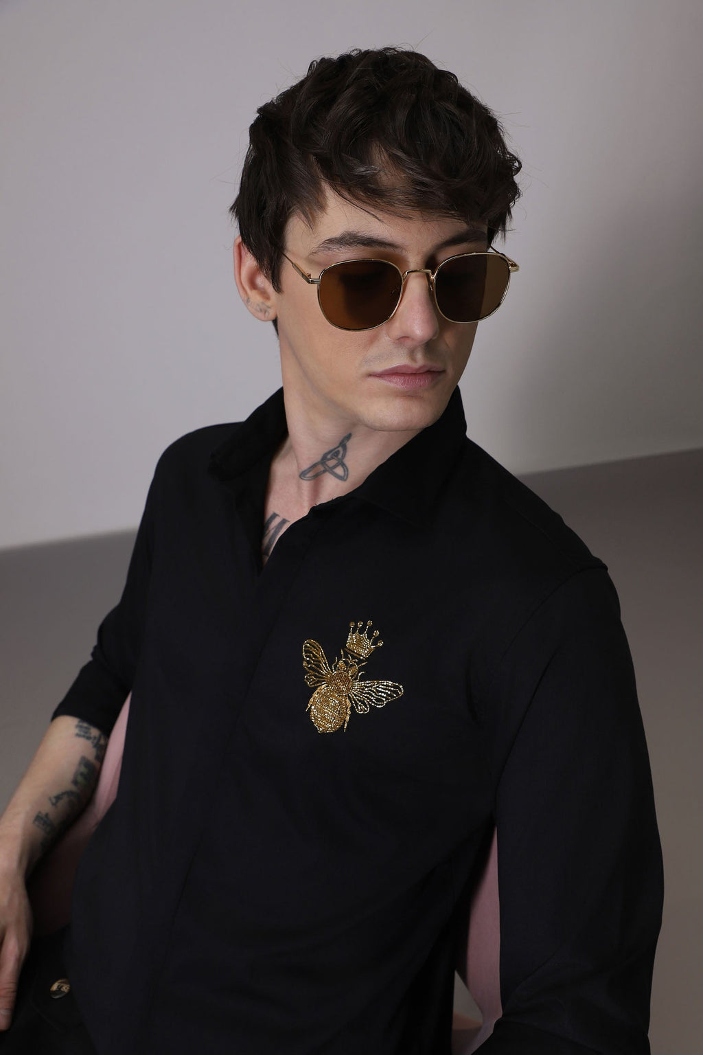 Queen Bee - hand embroidered designer shirt - Black
