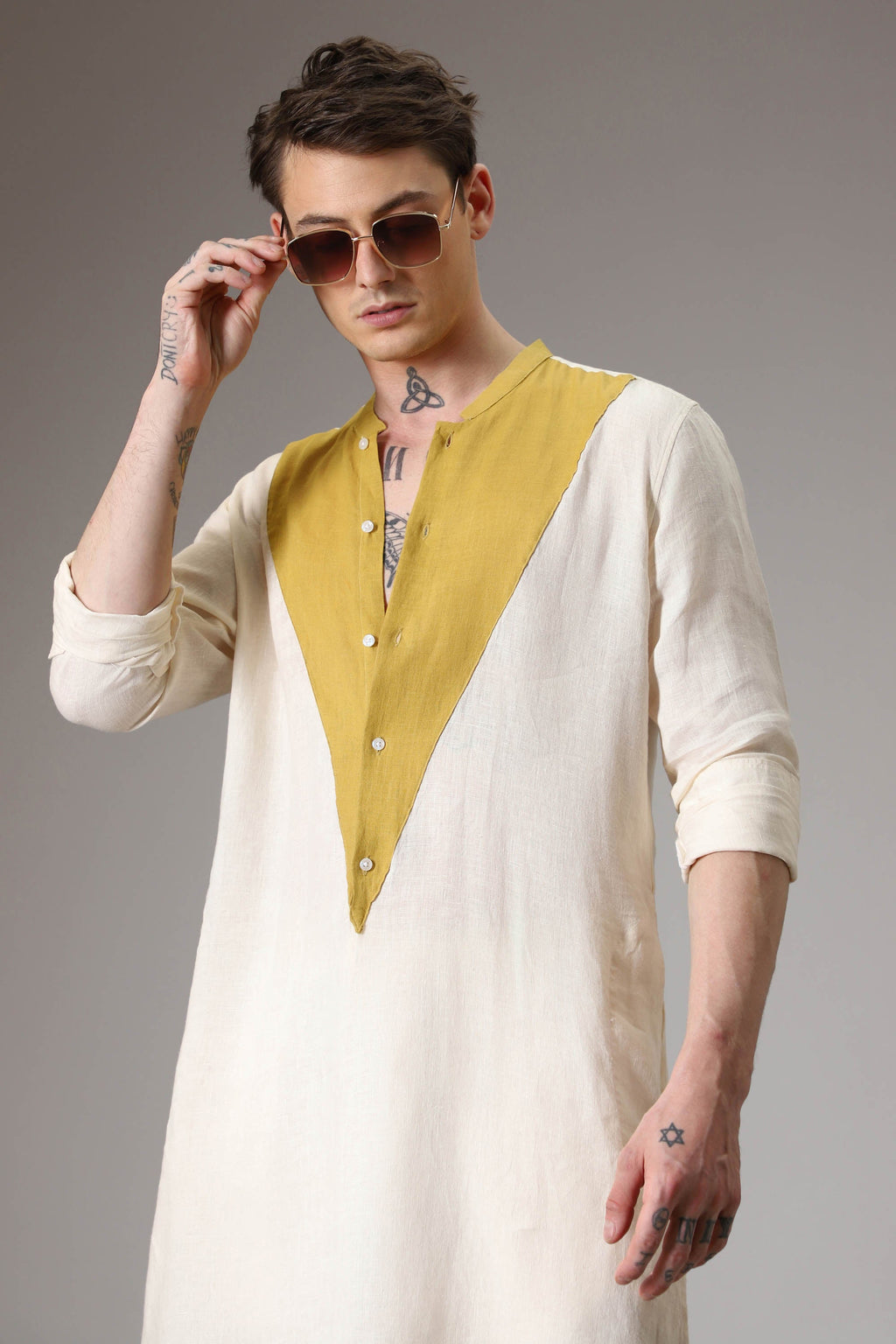 Mustard and ivory linen designer kurta