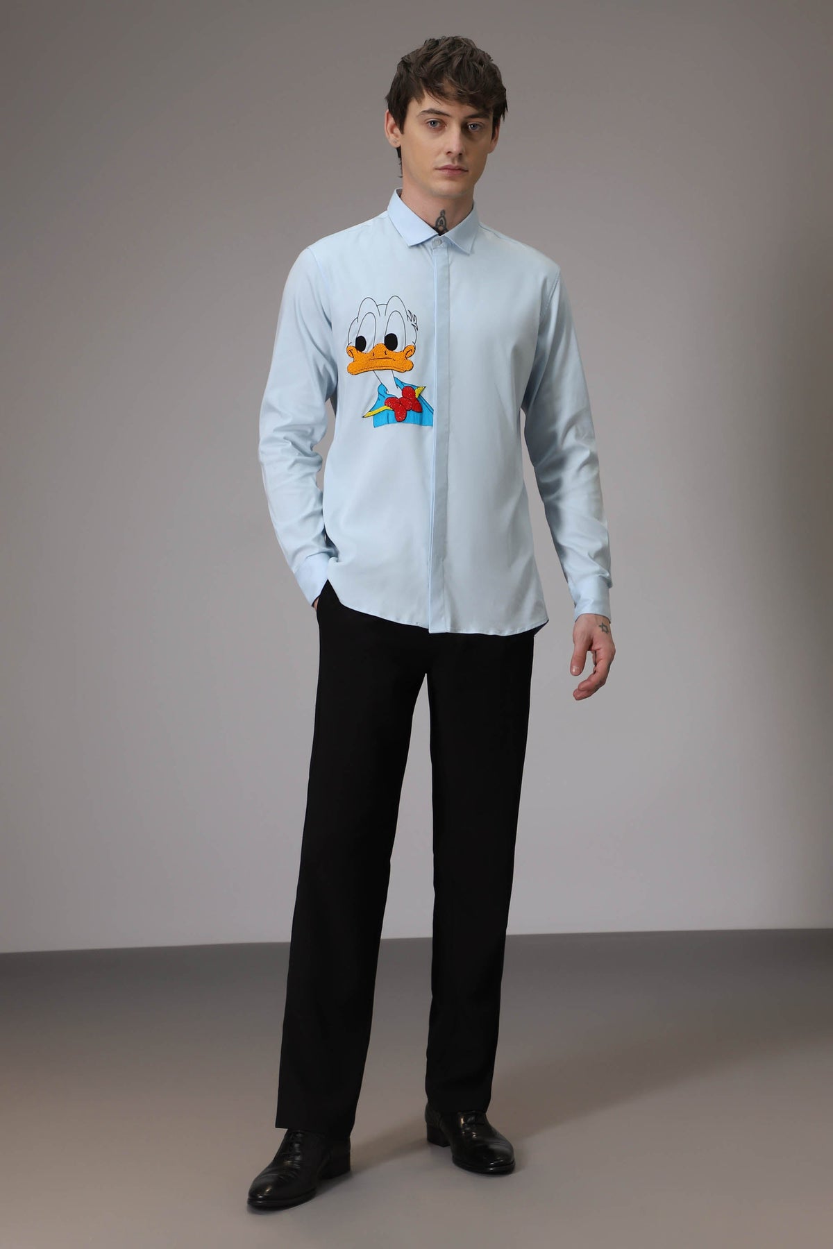 Donald Duck hand embroidered designer shirt - Sky Blue
