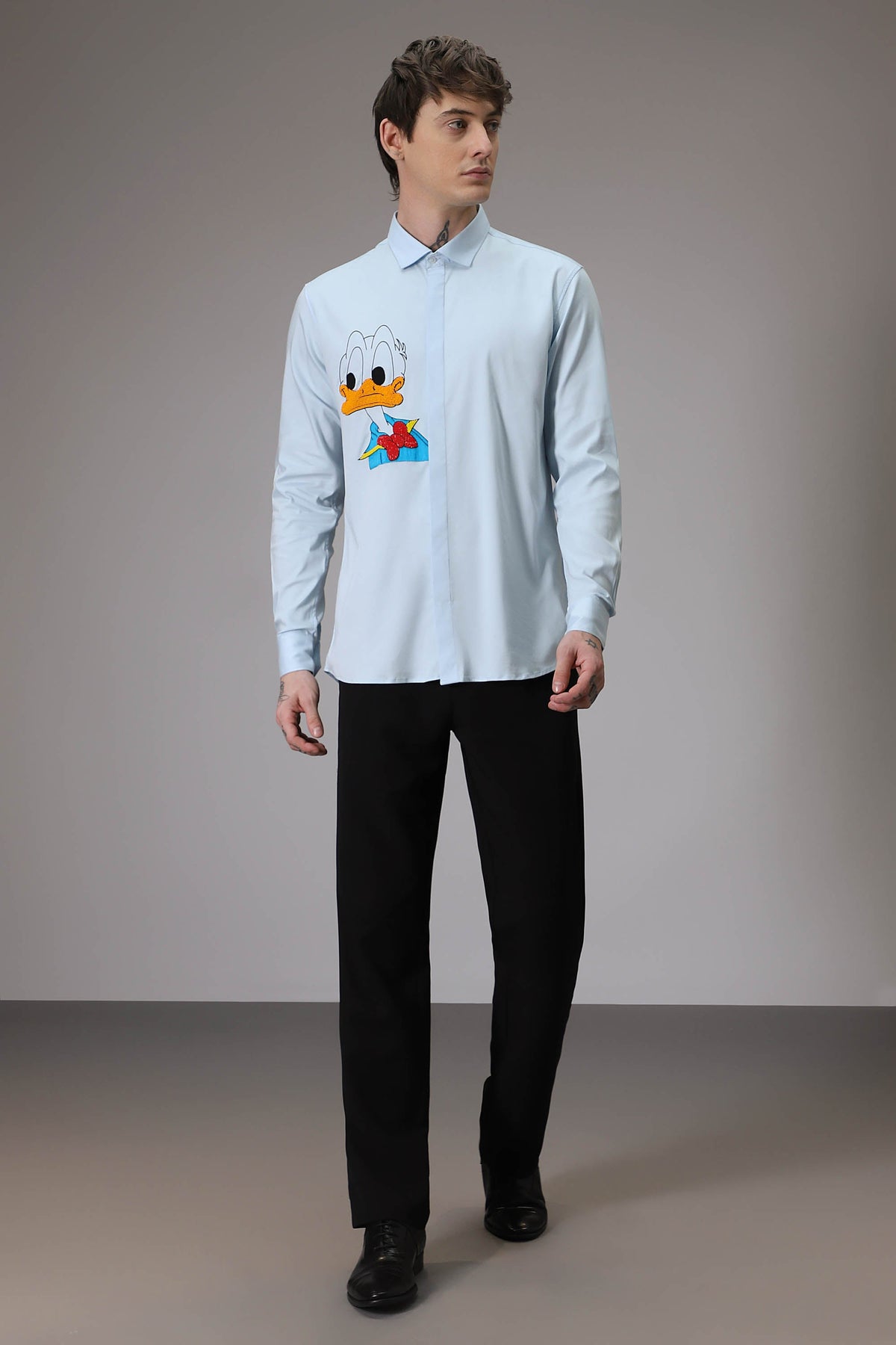 Donald Duck hand embroidered designer shirt - Sky Blue