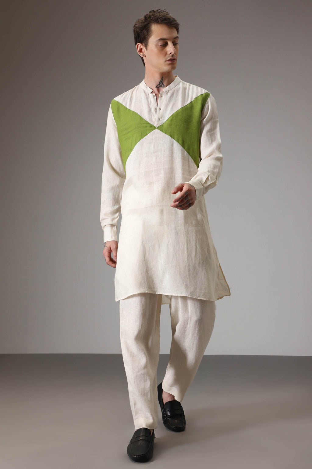 Green and ivory designer linen Kurta
