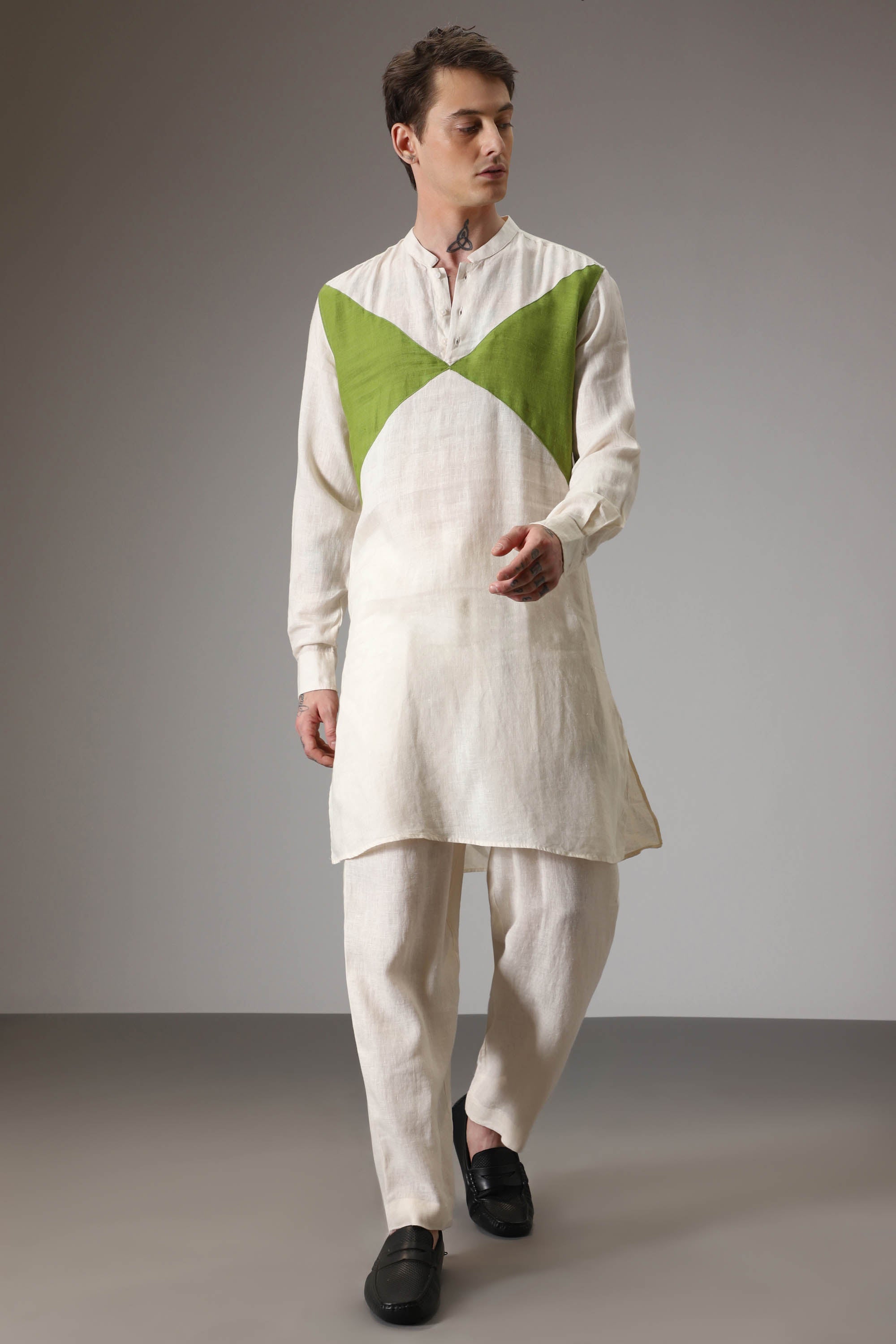 Green and ivory designer linen Kurta