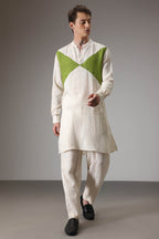 Green and ivory designer linen Kurta