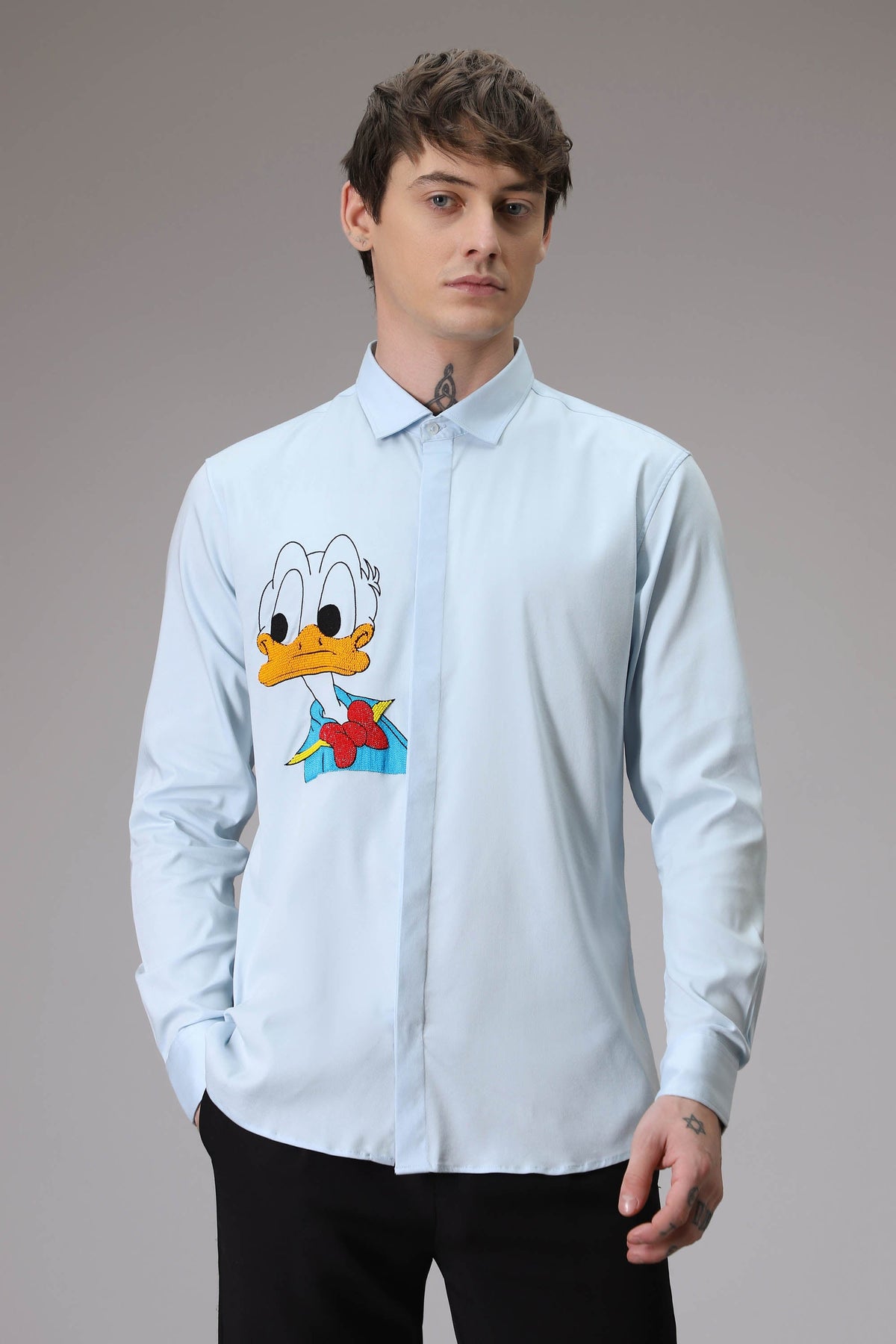 Donald Duck hand embroidered designer shirt - Sky Blue
