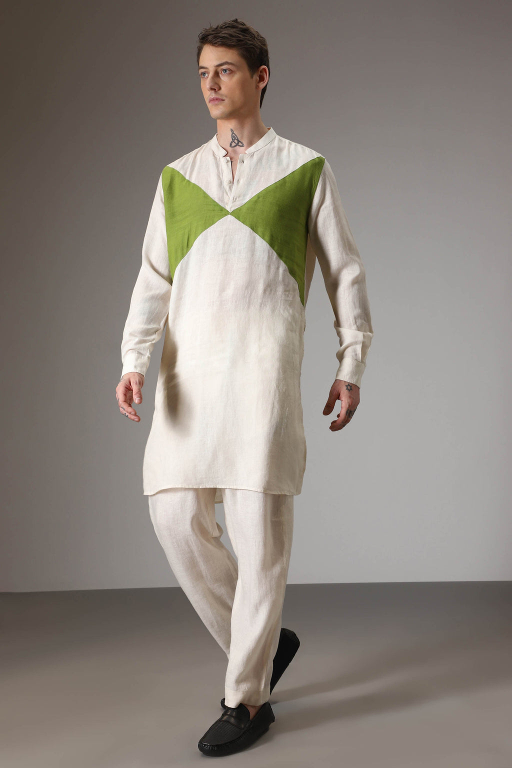 Green and ivory designer linen Kurta