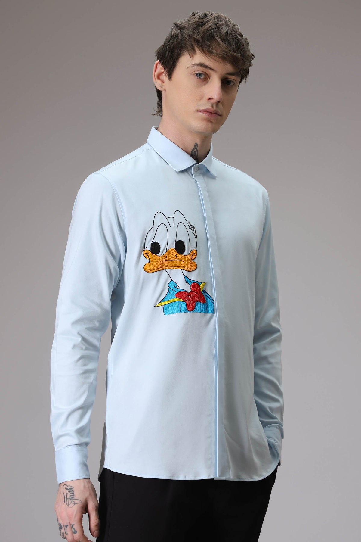 Donald Duck hand embroidered designer shirt - Sky Blue