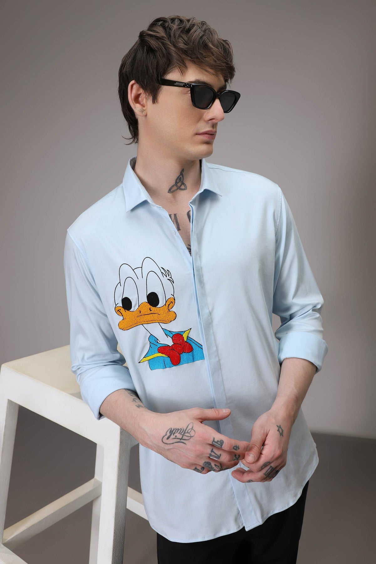 Donald Duck hand embroidered designer shirt - Sky Blue