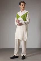Green and ivory designer linen Kurta