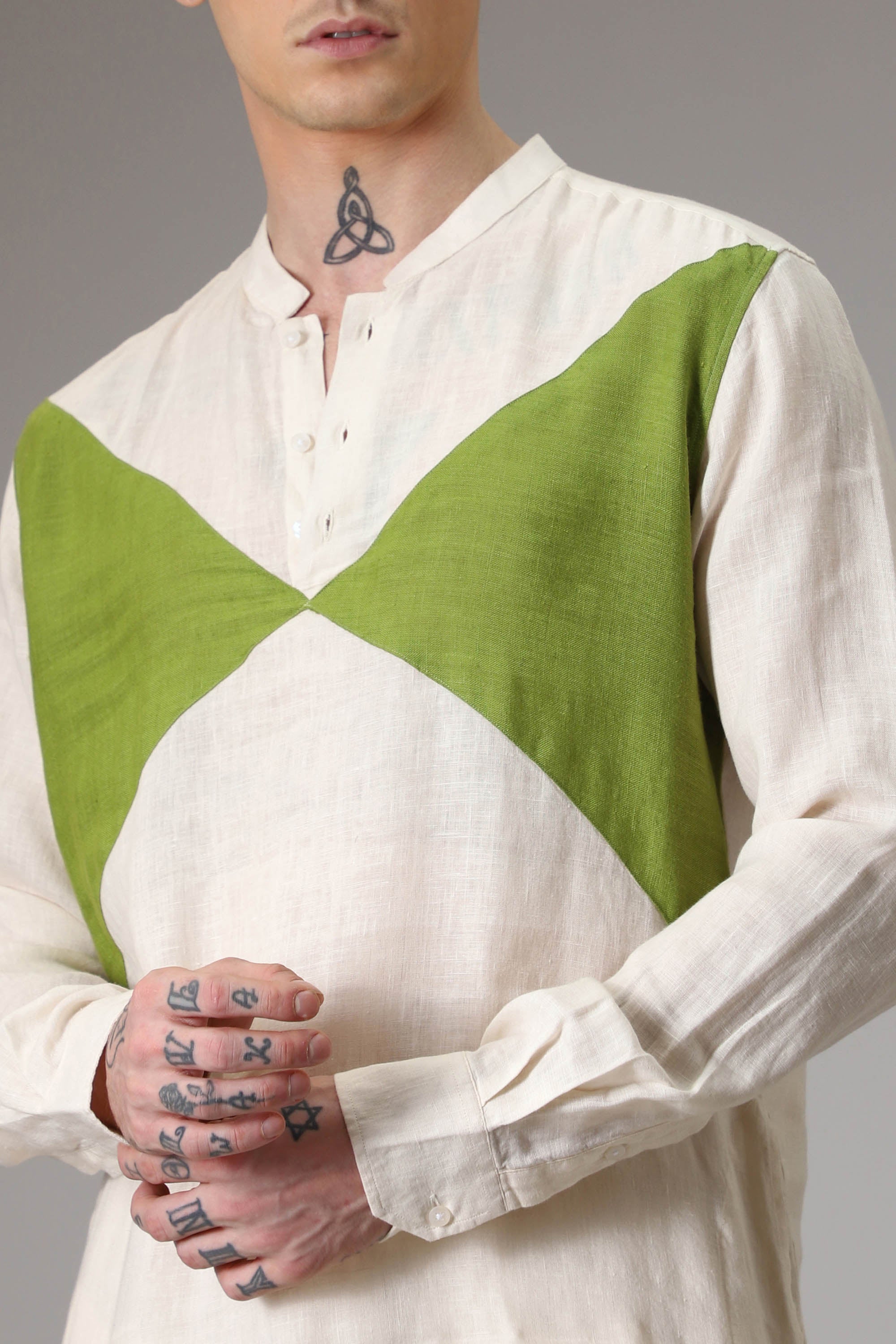 Green and ivory designer linen Kurta