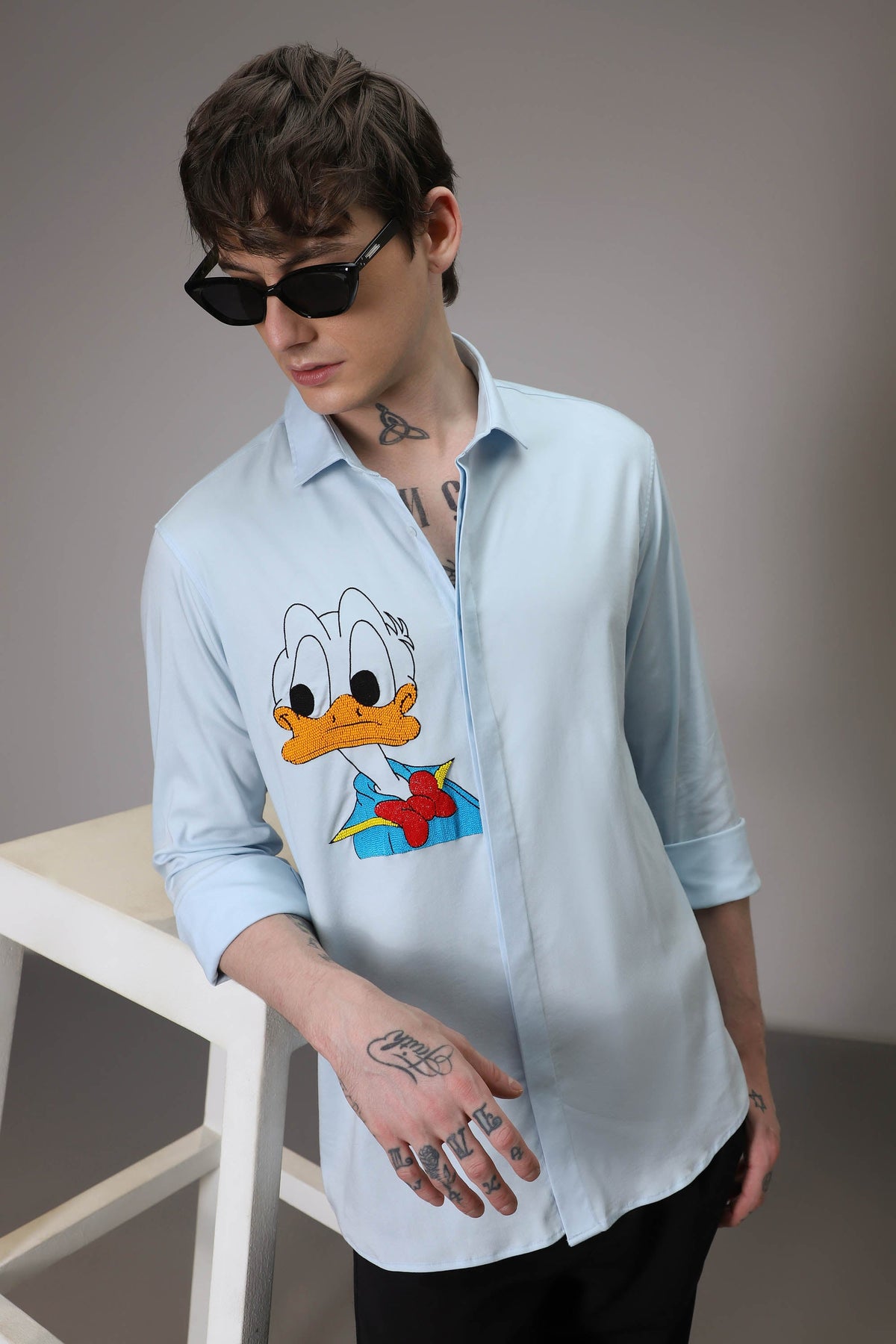 Donald Duck hand embroidered designer shirt - Sky Blue
