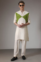 Green and ivory designer linen Kurta