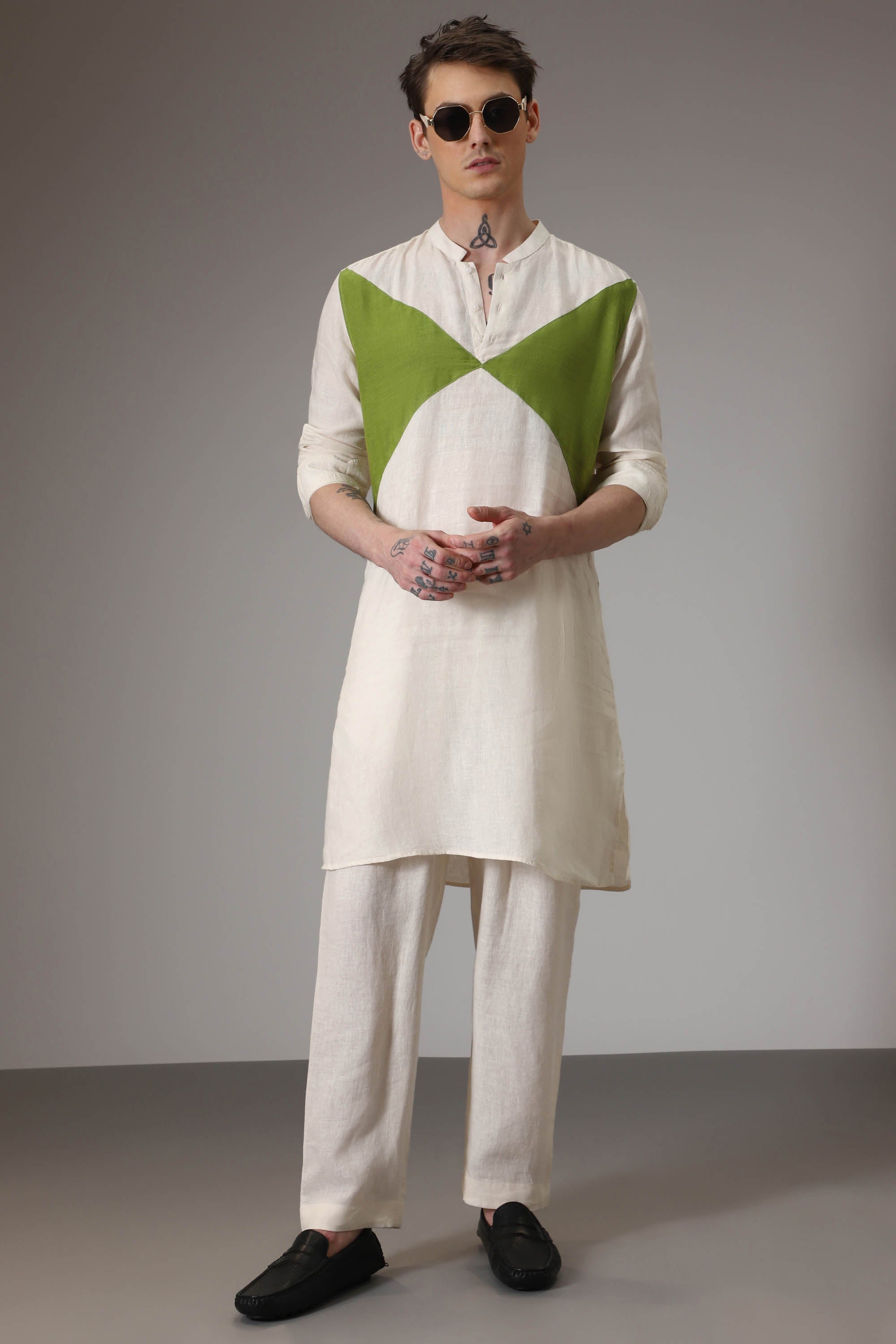 Green and ivory designer linen Kurta