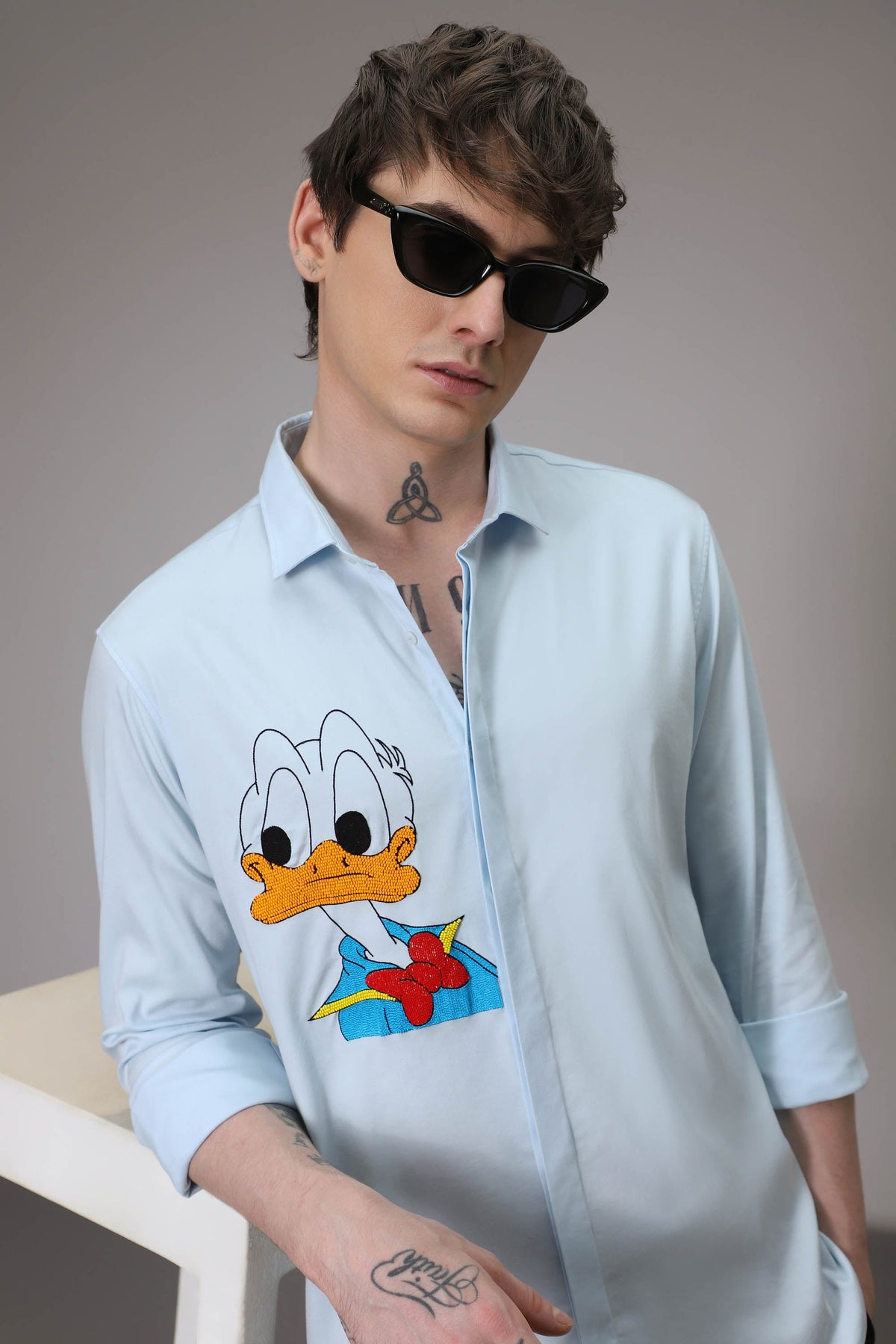 Donald Duck hand embroidered designer shirt - Sky Blue