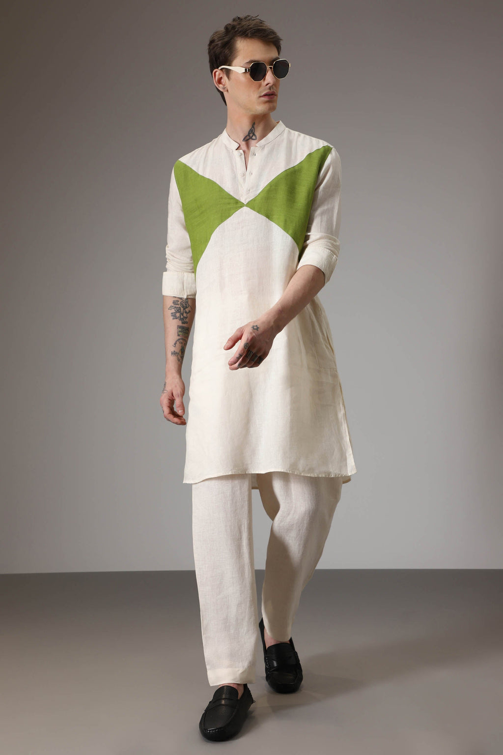 Green and ivory designer linen Kurta