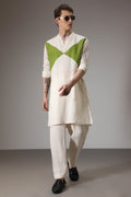 Green and ivory designer linen Kurta