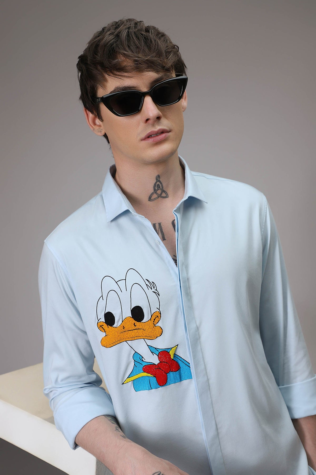 Donald Duck hand embroidered designer shirt - Sky Blue