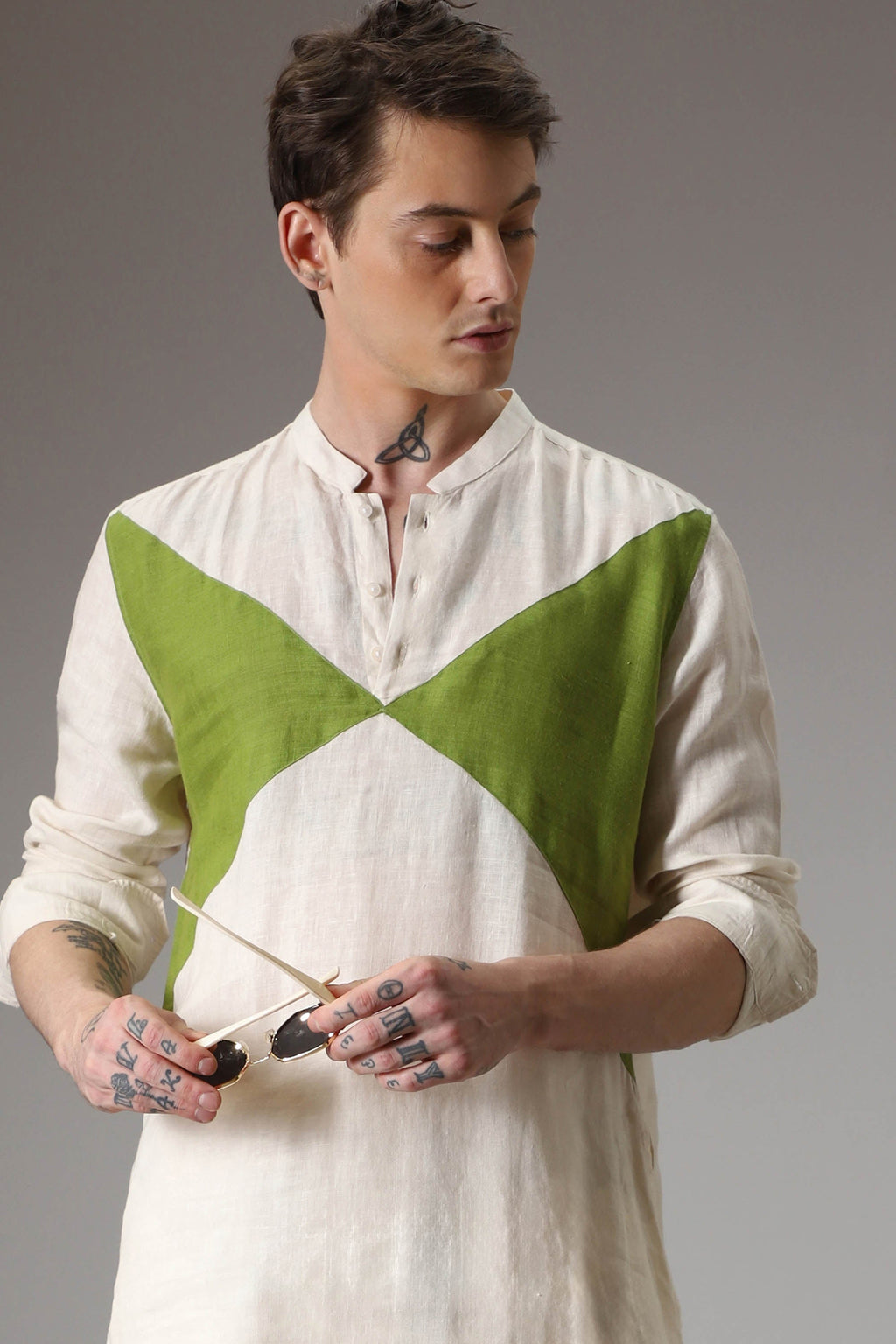 Green and ivory designer linen Kurta