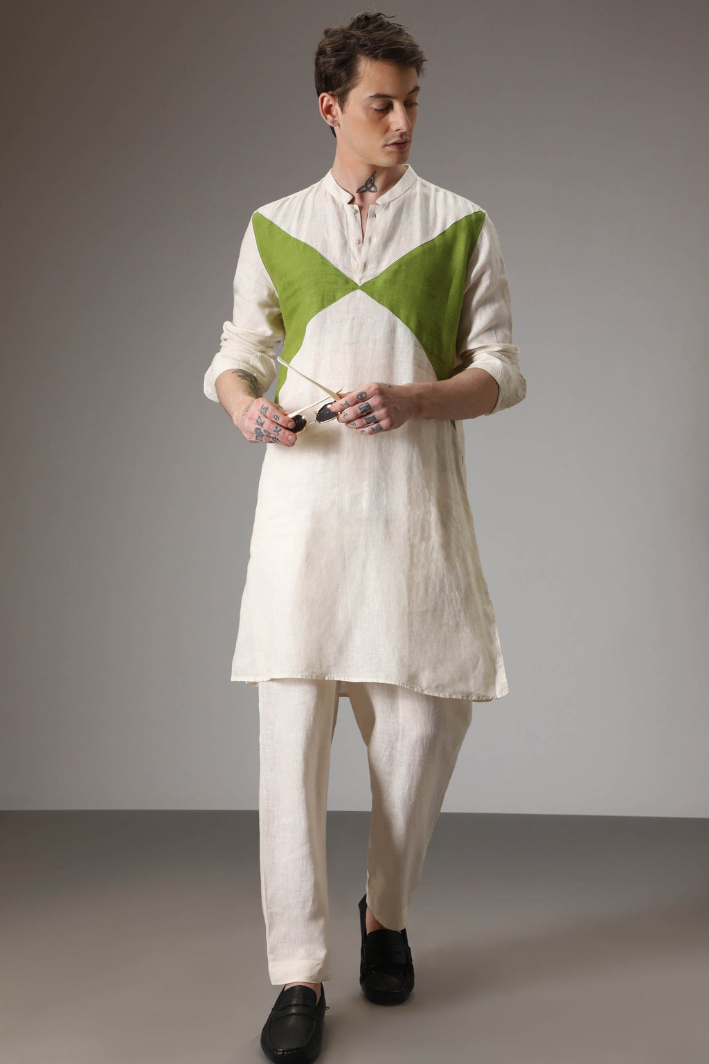 Green and ivory designer linen Kurta