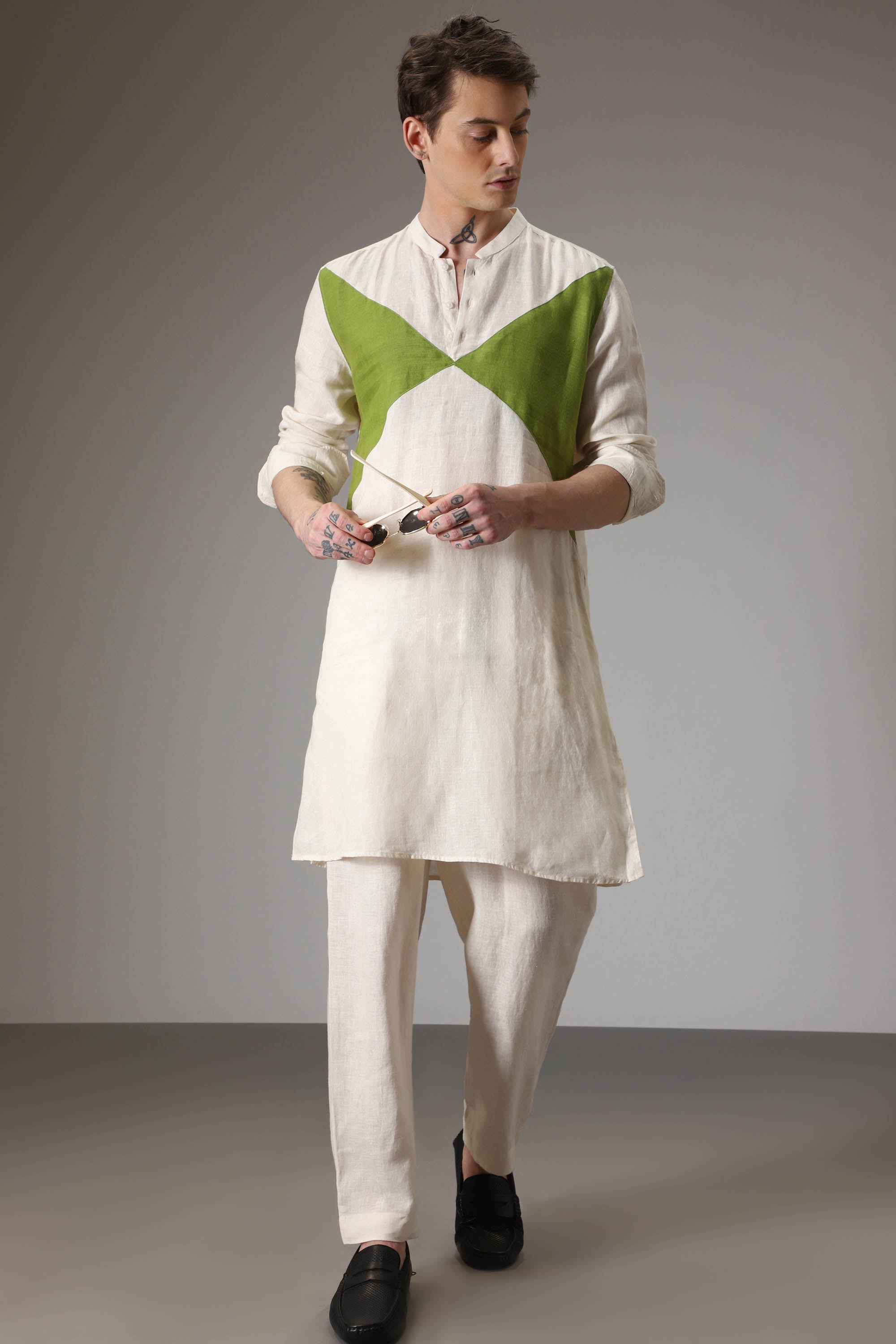 Green and ivory designer linen Kurta