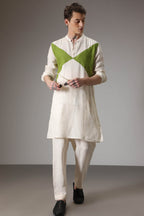 Green and ivory designer linen Kurta