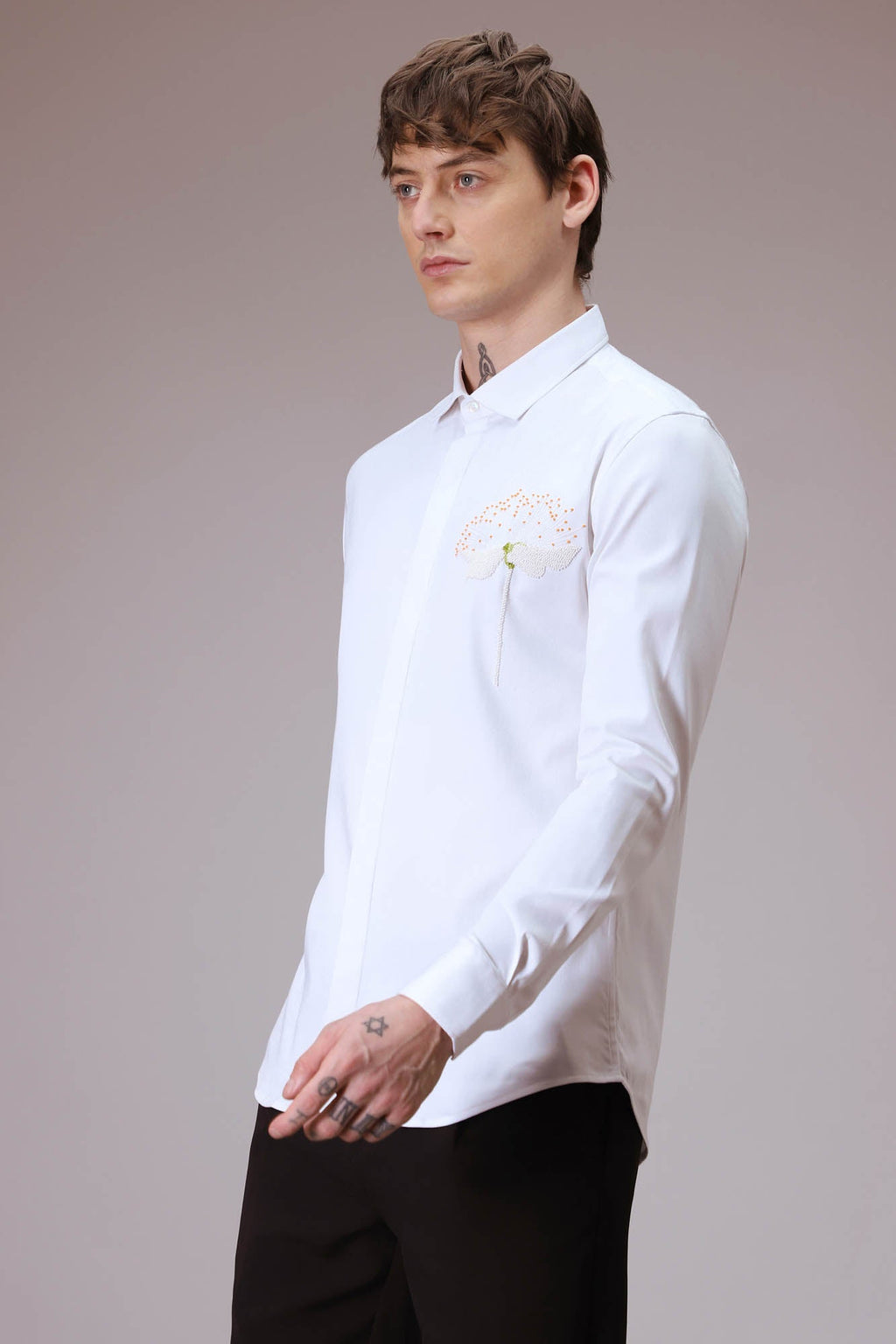 Dandelion Flower  hand embroidered designer shirt - White