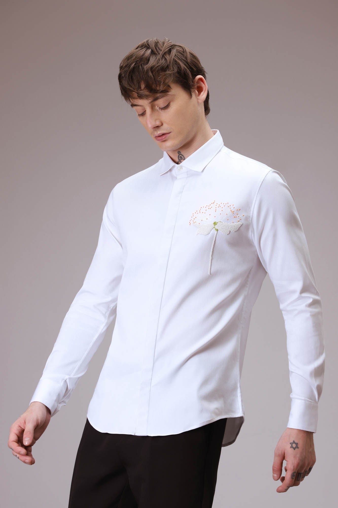 Dandelion Flower  hand embroidered designer shirt - White