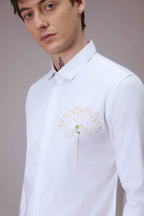 Dandelion Flower  hand embroidered designer shirt - White