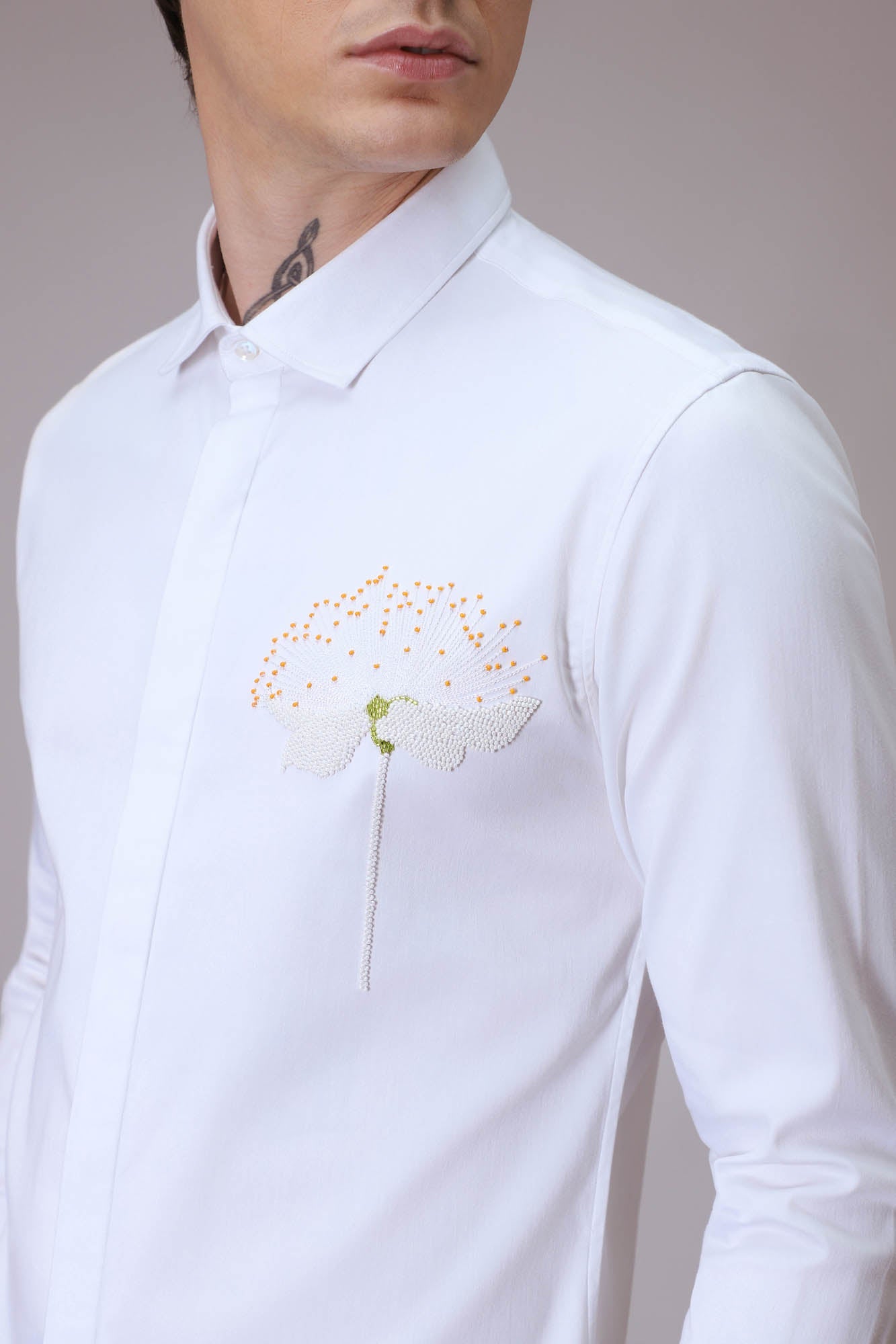 Dandelion Flower  hand embroidered designer shirt - White