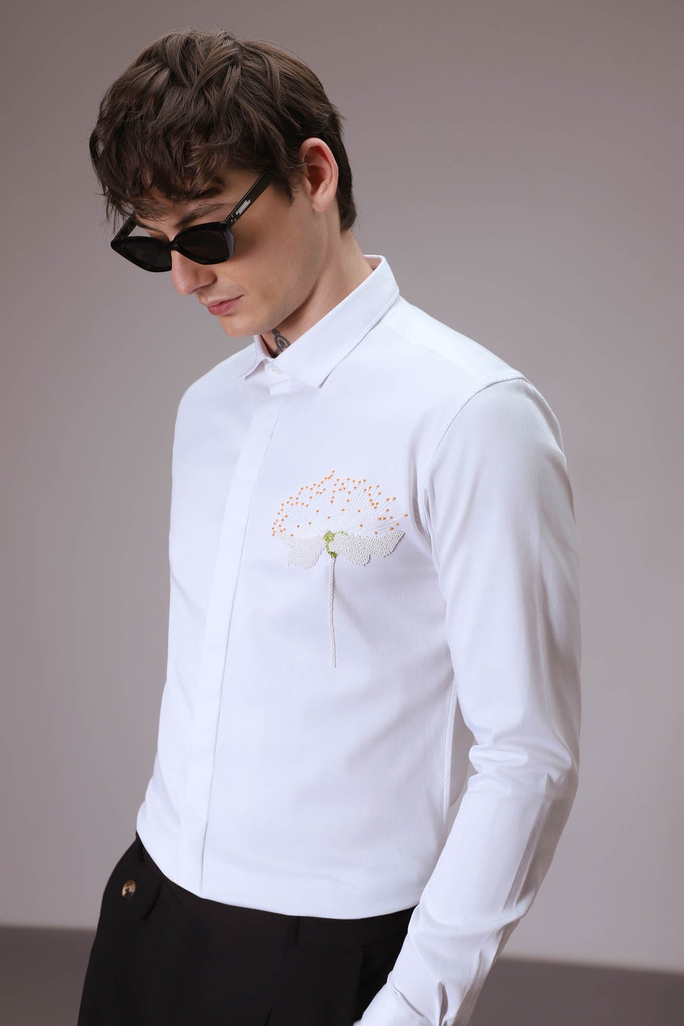 Dandelion Flower  hand embroidered designer shirt - White