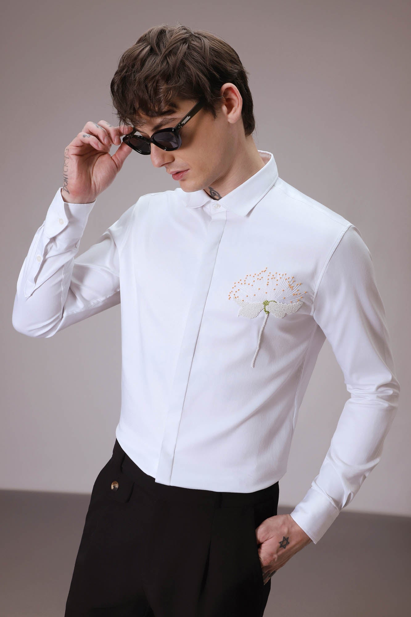 Dandelion Flower  hand embroidered designer shirt - White