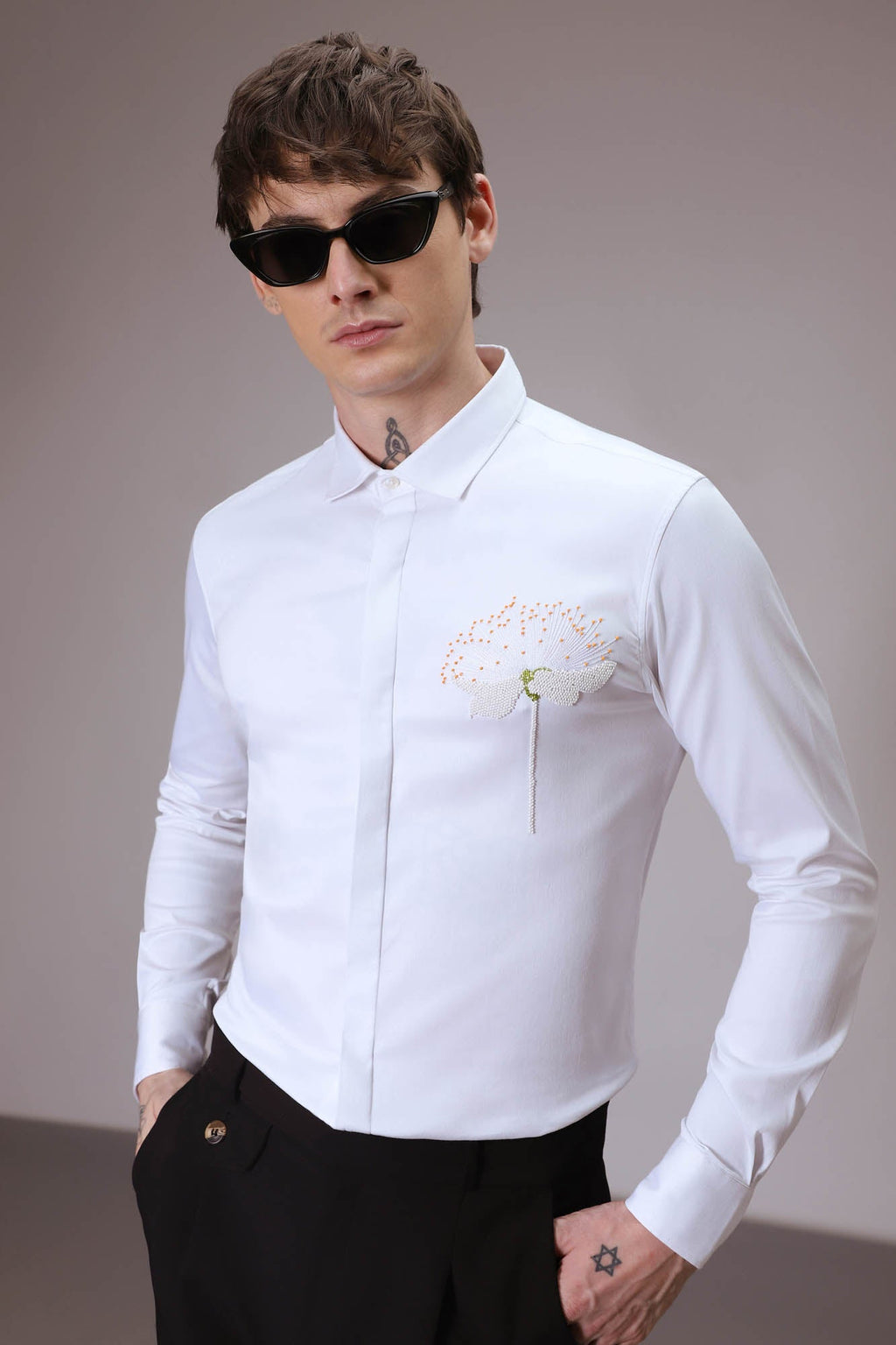 Dandelion Flower  hand embroidered designer shirt - White