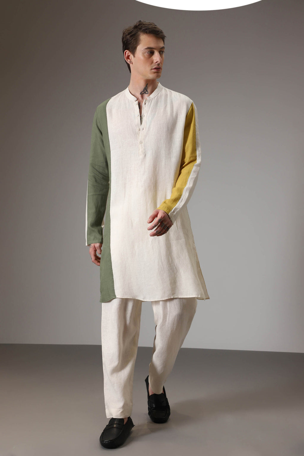 Olive mustard and ivory linen designer kurta