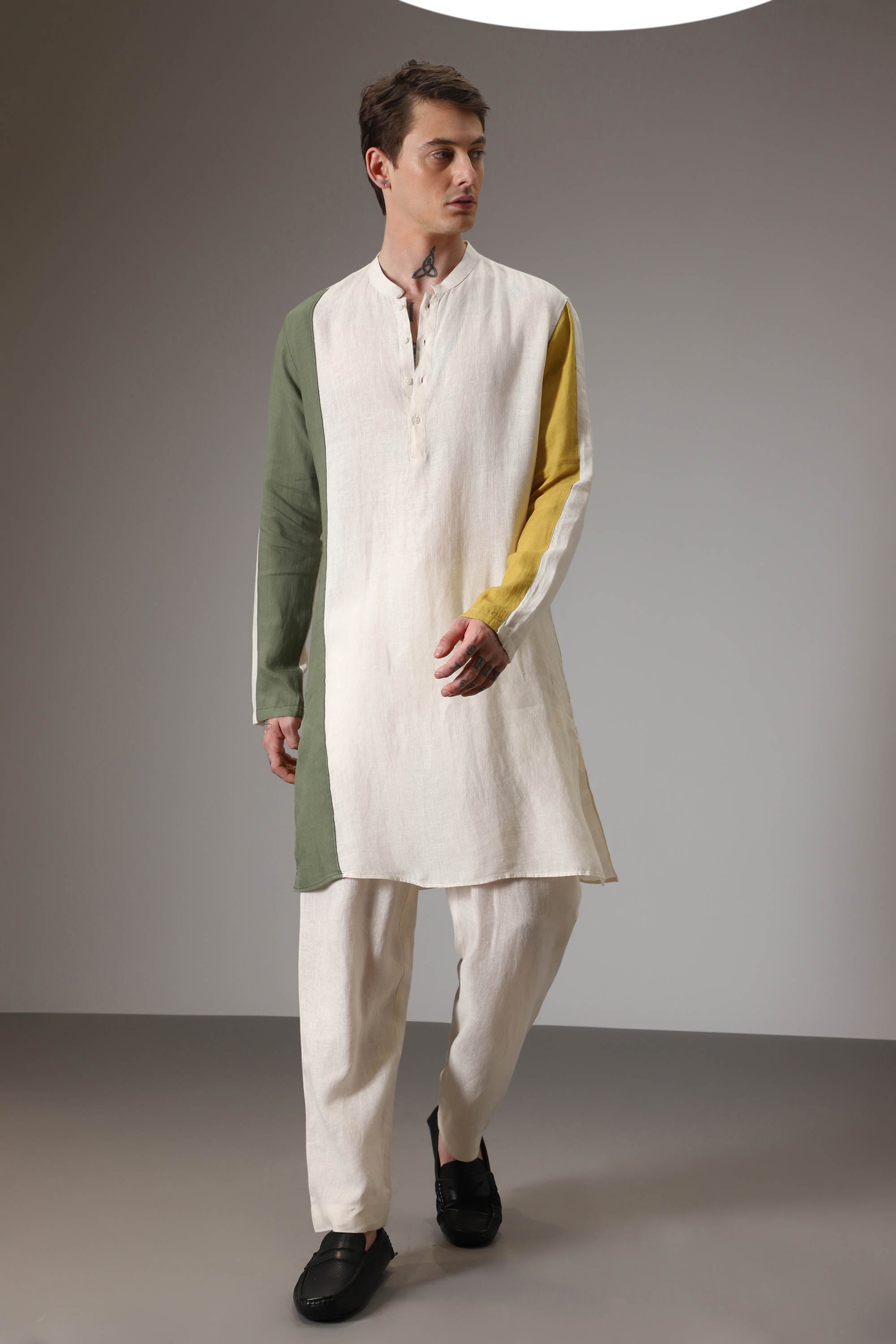 Olive mustard and ivory linen designer kurta