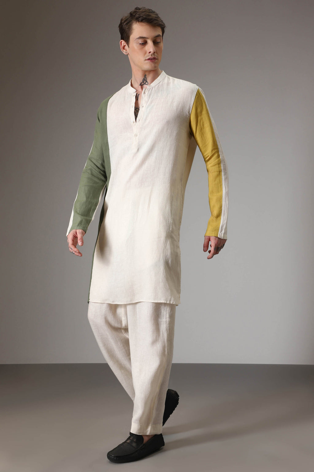 Olive mustard and ivory linen designer kurta