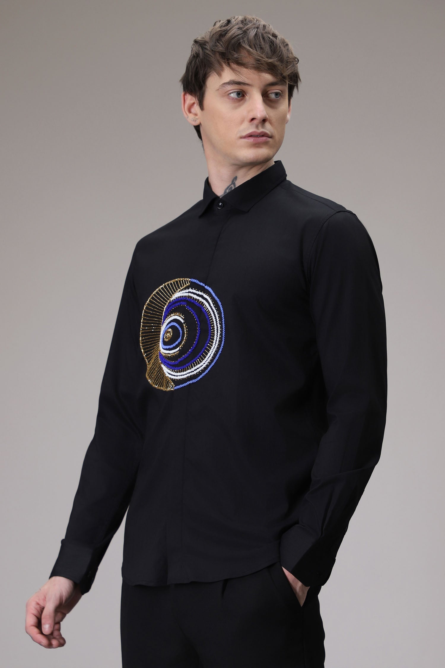 Eveil Eye Hand Embroidered Designer Shirt - Black
