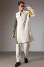 Olive mustard and ivory linen designer kurta