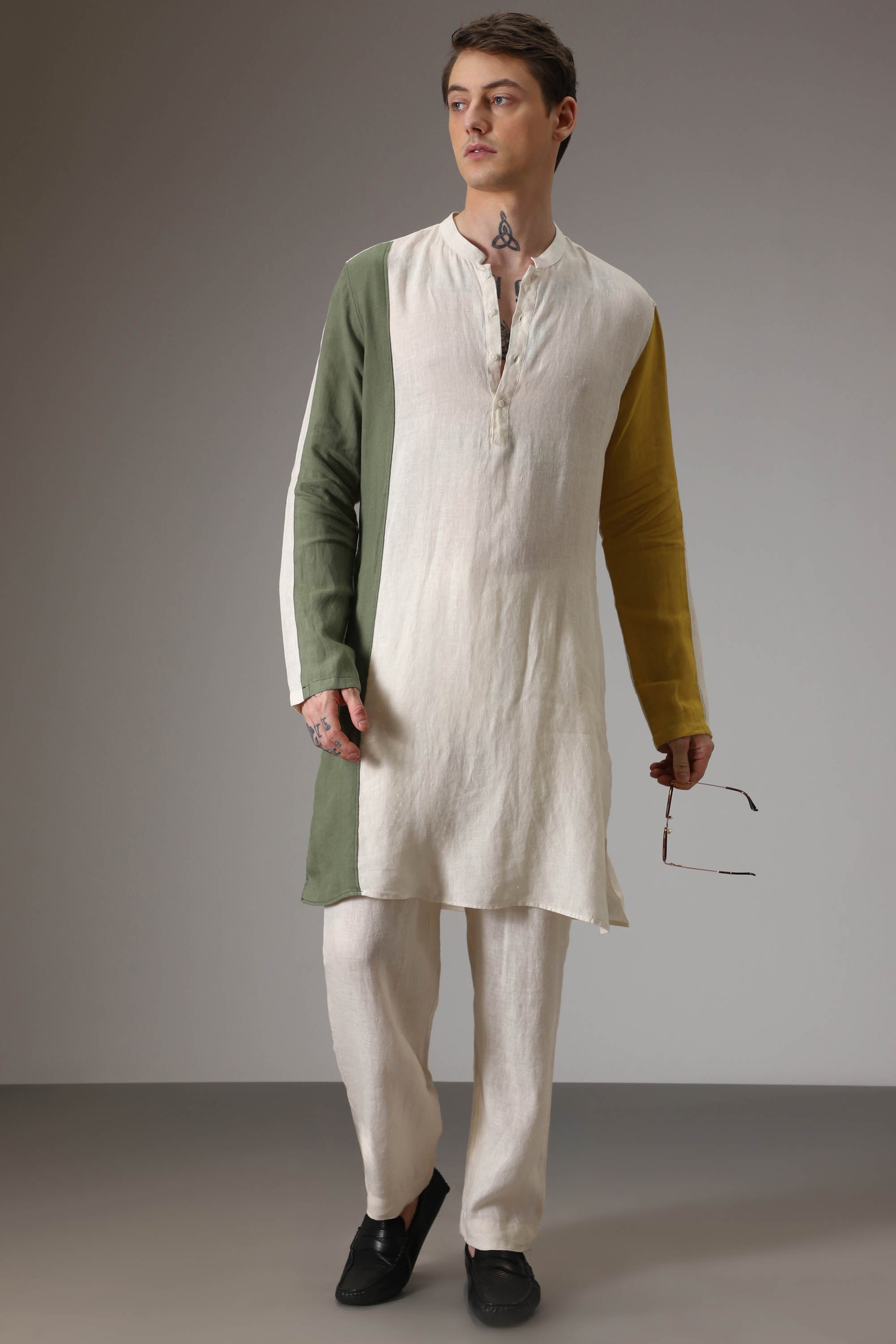 Olive mustard and ivory linen designer kurta