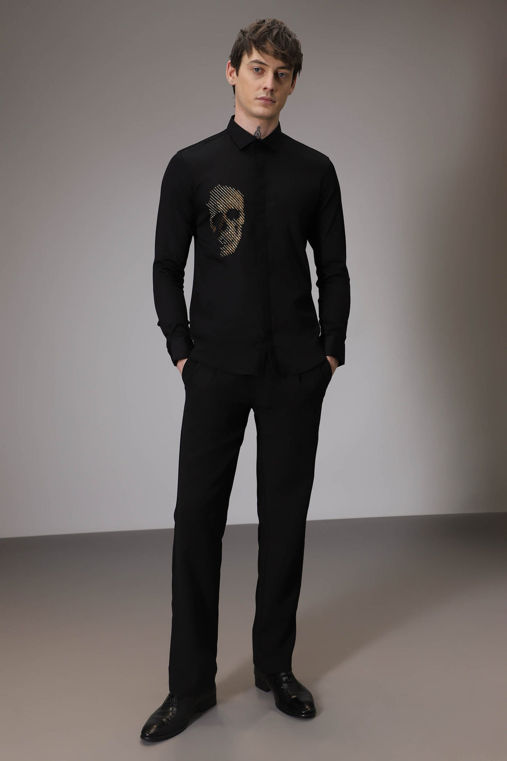 Skull Black Hand embroidered designer shirt - Black
