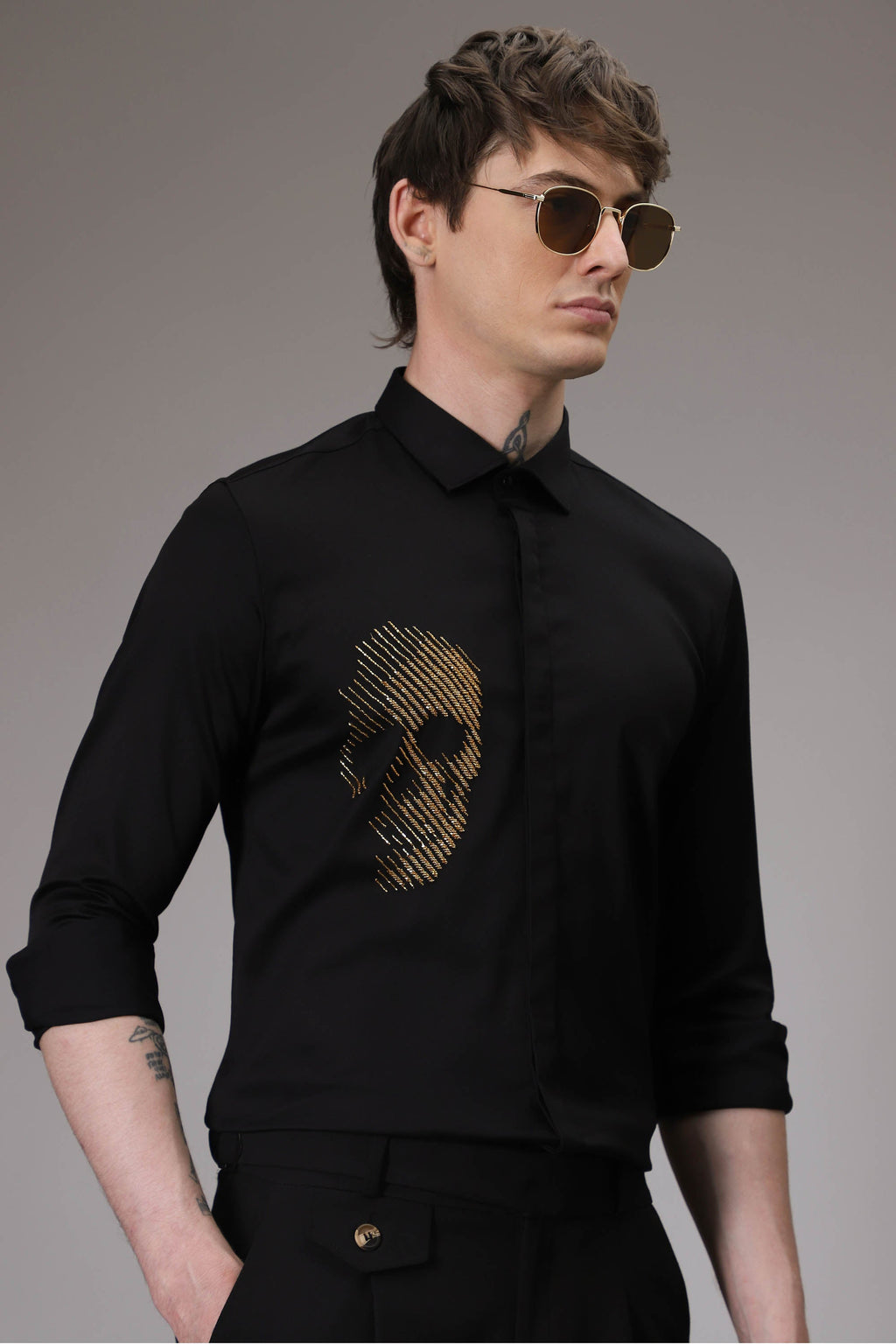 Skull Black Hand embroidered designer shirt - Black
