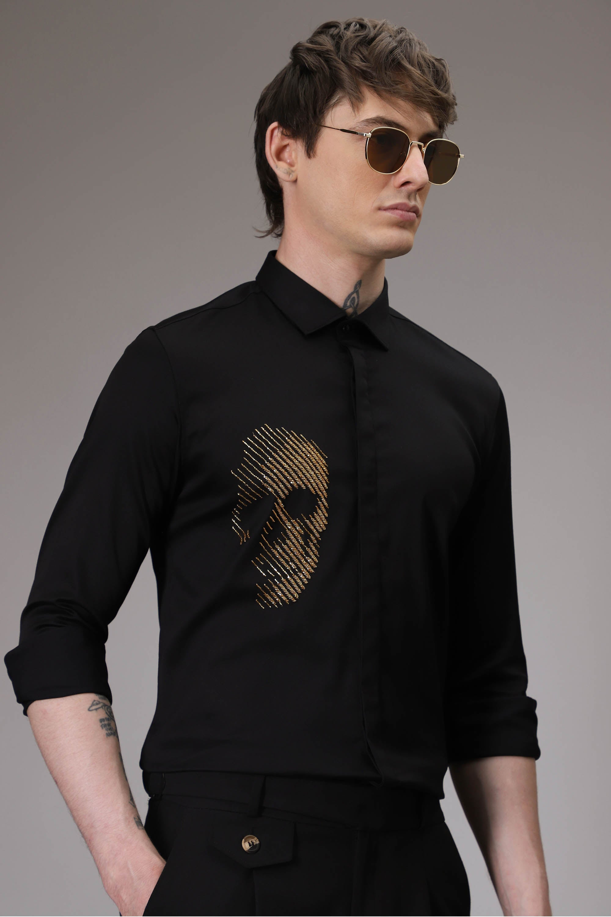 Skull Black Hand embroidered designer shirt - Black