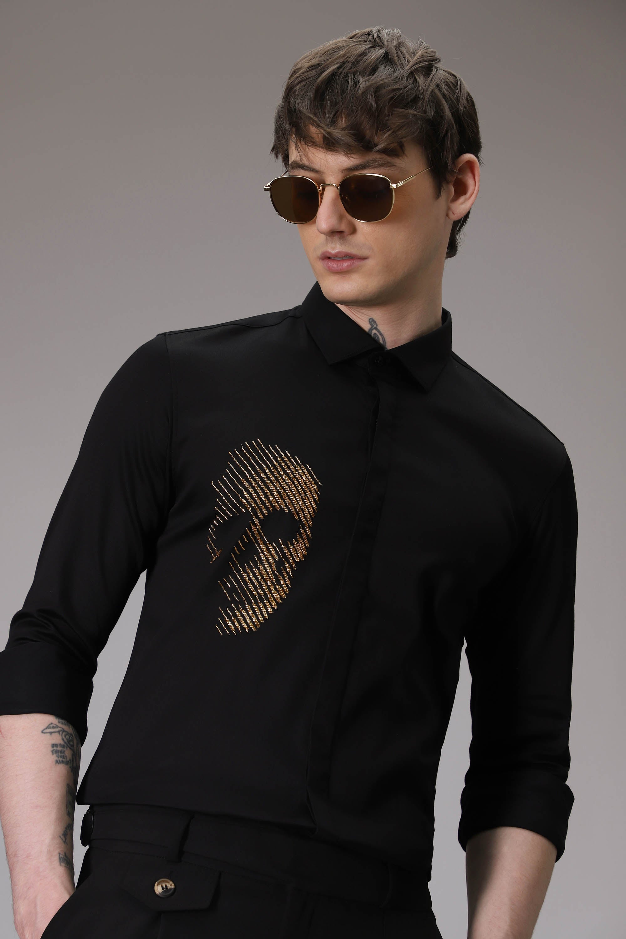 Skull Black Hand embroidered designer shirt - Black