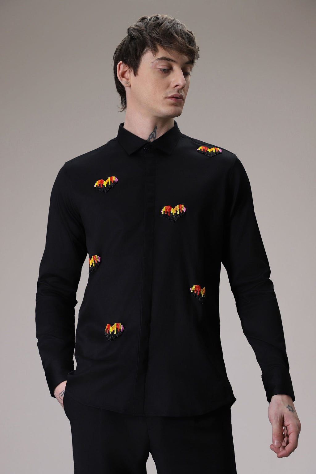 Hearts  hand embroidered designer shirt -Black