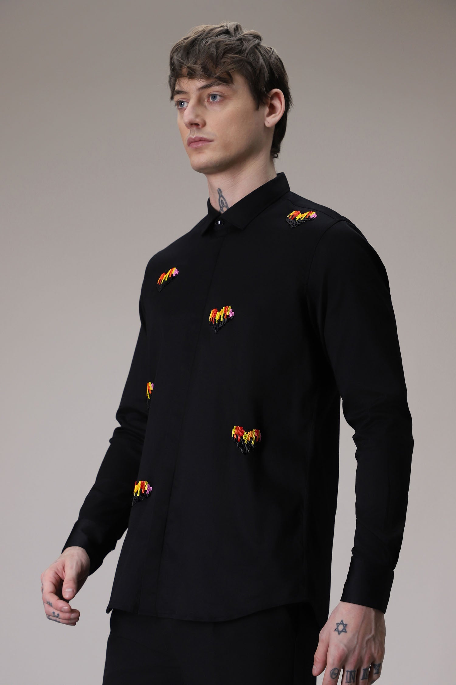 Hearts  hand embroidered designer shirt -Black
