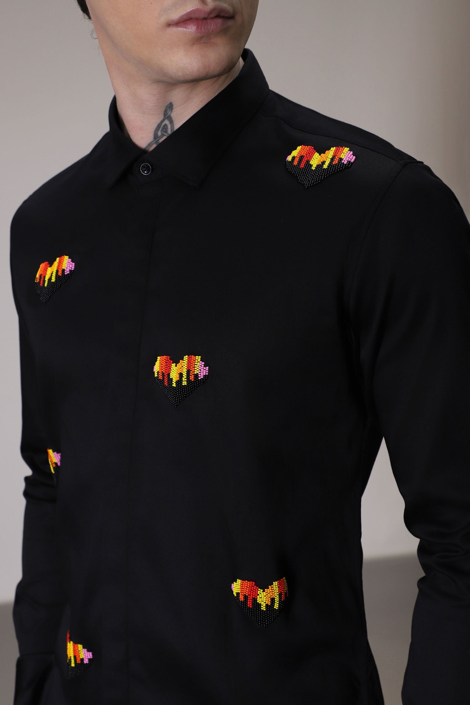 Hearts  hand embroidered designer shirt -Black