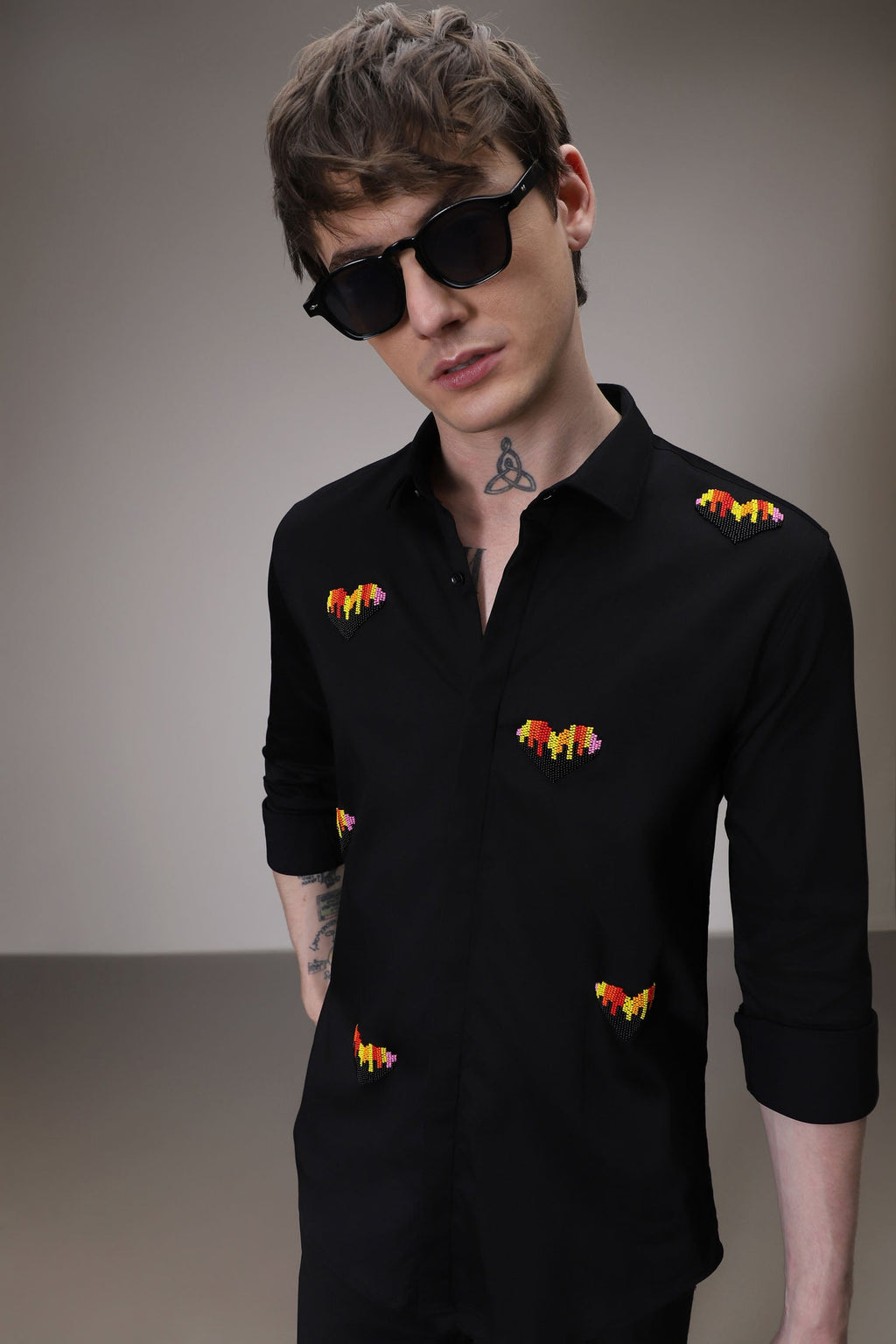 Hearts  hand embroidered designer shirt -Black