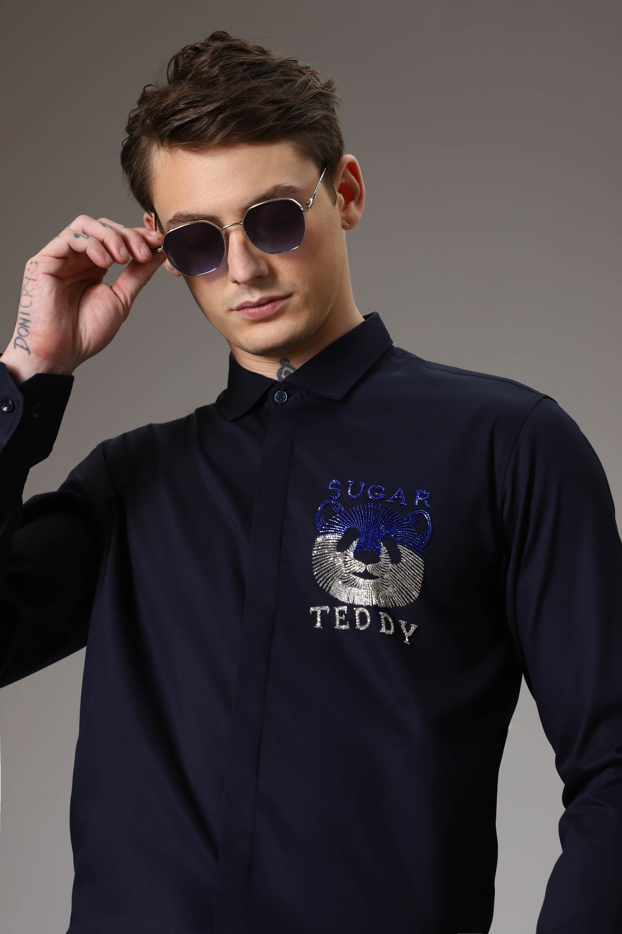 Sugar teddy hand embroidered designer shirt - Navy