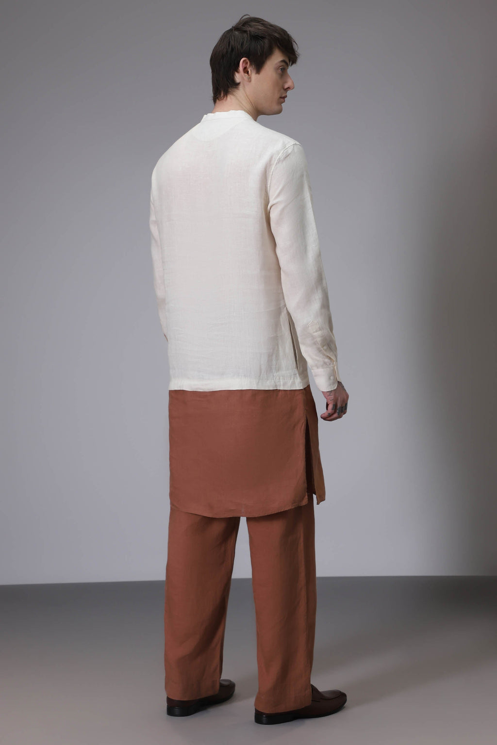 Beige with Brown designer linen kurta